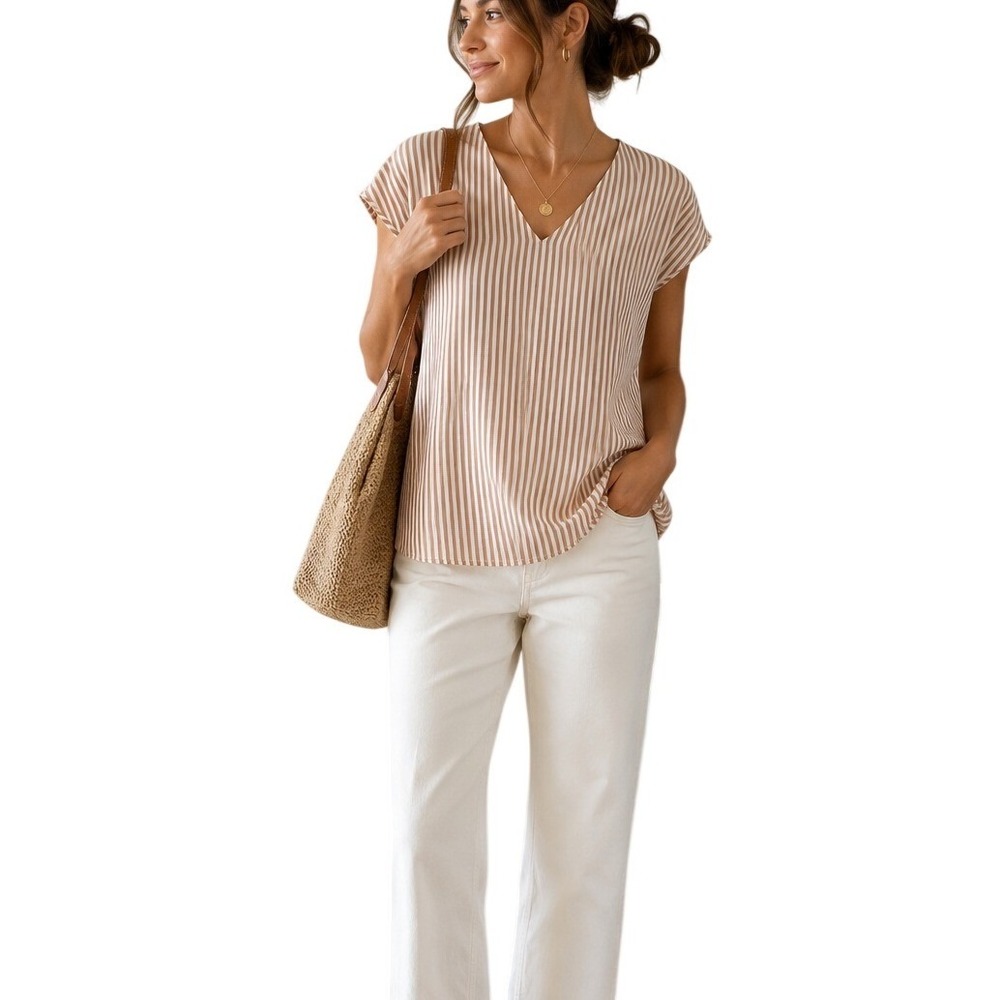 Madewell Striped V-Neck Button Back Top Size M Beige White